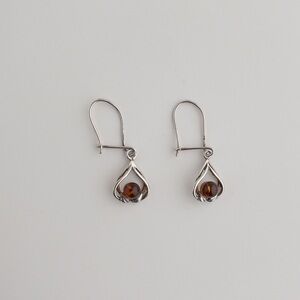 Sterling Silver Honey Amber Stone Earrings Drop Dangle Tear Drop Shape 925